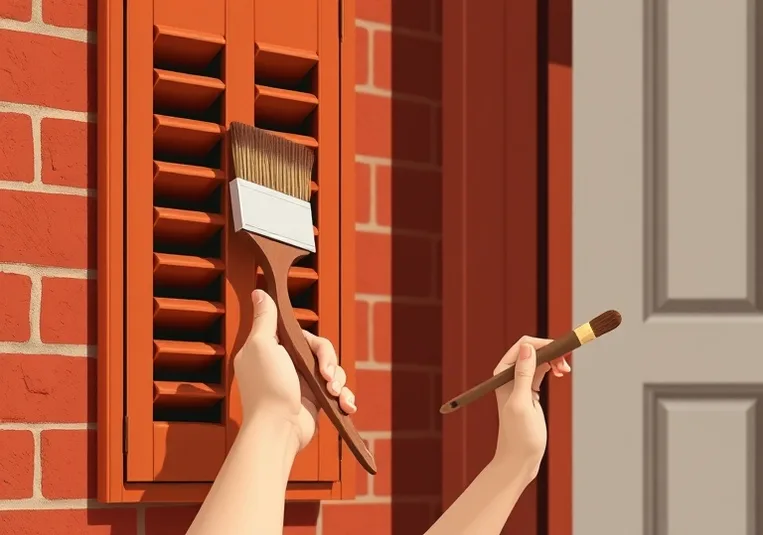 Mise en peinture au pinceau de volets et d'encadrements en bois