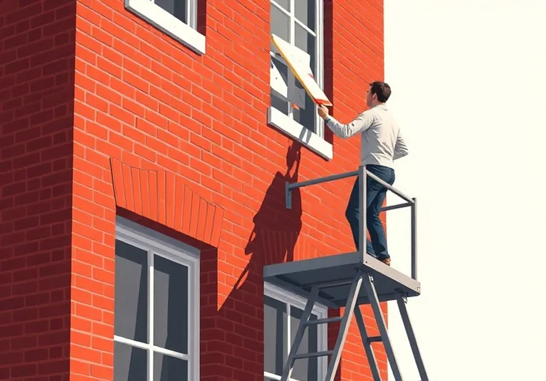 Peintre sur échafaudage traitant la façade d'une maison